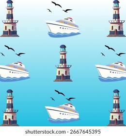 Modelo inconsútil del barco y del faro con el fondo azul del gradiente