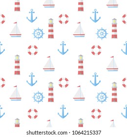 Seamless pattern with boat, steering wheel, anchor, lighthouse, life ring on white background. Flat style vector illustration with marine theme 