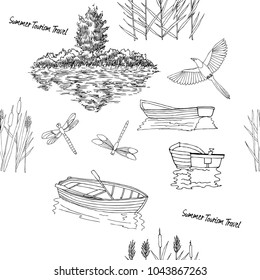 Seamless pattern with  with boat and trees. Lake, summer vacation outdoor, adventure travel. Hand drawn vector illustration 