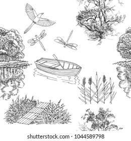 Seamless pattern with  with boat and trees. Lake, summer vacation outdoor, adventure travel. Hand drawn vector illustration 