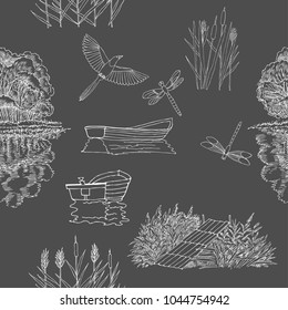 Seamless pattern with  with boat and trees. Lake, summer vacation outdoor, adventure travel. Hand drawn vector illustration 