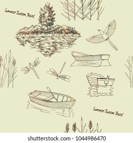 Seamless pattern with  with boat and trees. Lake, summer vacation outdoor, adventure travel. Hand drawn vector illustration 