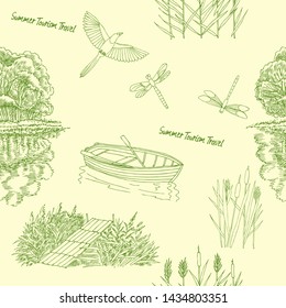 Seamless pattern with  with boat and trees. Lake, summer vacation outdoor, adventure travel. Hand drawn vector illustration 