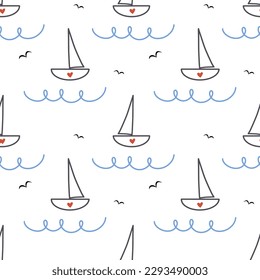 seamless pattern with boat, waves, sea birds, romantic travel, wrapping paper , doodle drawing
