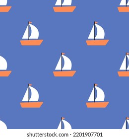 Seamless pattern with a boat, yacht. Cute style, trendy colors.  Sea travel and tourism concept. Ideal for packaging. Hand drawn vector illustration. For print, fabric, wrapping paper design.
