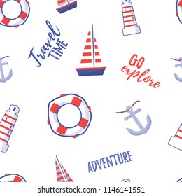 seamless pattern with boats, anchors, beacons and buoys