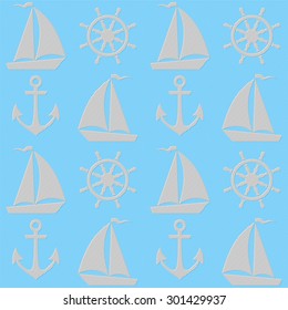 Seamless pattern with boats, anchors and helms on a blue background. Vector illustration.