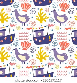 Seamless pattern with boats and birds. Vector background with a marine theme.