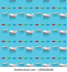 Seamless pattern of boats in the blue sea and restrictive buoys