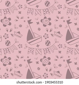 Seamless pattern with boats, flowers. Spring pattern. Dark background. Colorful background.