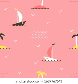 Seamless pattern with boats and islands on pink background. Modern design for the fabric and paper, surface textures.