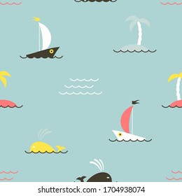 Seamless pattern with boats, islands and whales. Modern design for the fabric and paper, surface textures.