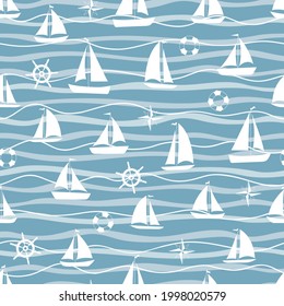 Seamless pattern with boats. Marine print with sea boats, steering wheel, lifeline, wind rose.