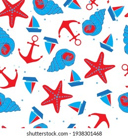 Patrón sin mar de barcos en el mar en un estilo de dibujos animados en colores azul y rojo. Ilustración del vector