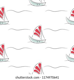 Seamless pattern with boats on white simple background.