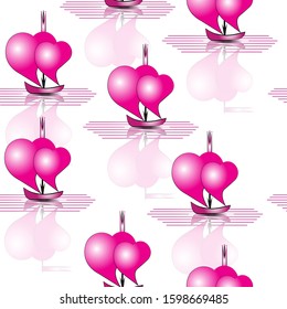 Seamless pattern of boats with red sails in the form of two hearts  on the pink surface of the sea. Valentines card. Vector illustration