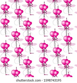 Seamless pattern of boats with red sails in the form of two hearts  on the pink surface of the sea. 