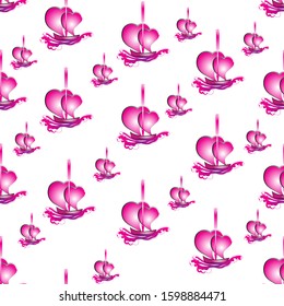 Seamless pattern of boats with red sails in the form of two hearts. Design for children's things, wrapping paper, wallpaper, greeting cards, invitations of the wedding, birthday, Valentine's day