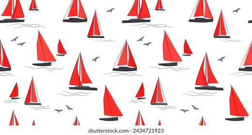 Seamless pattern with boats with sails on the waves. Abstract print with yachts, sea, seagulls. Vector graphics.