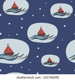 Seamless pattern with boats in sea