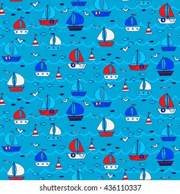 Seamless pattern with boats and ships in the sea. Vector illustration.