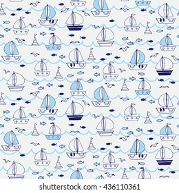 Seamless pattern with boats and ships in the sea. Vector illustration.