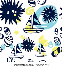Seamless pattern with boats and stones