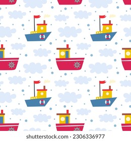 Seamless pattern with boats. Vector background with a marine theme.