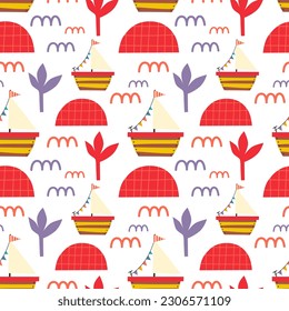 Seamless pattern with boats. Vector background with a marine theme.