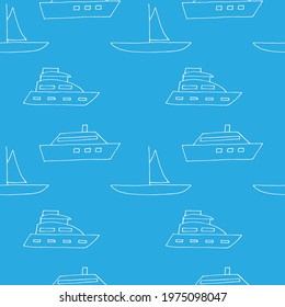 Seamless pattern boats, vector illustration, hand drawn, blue and white