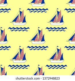 Seamless pattern with boats and waves. Boats on a yellow background. Suitable for printing on fabric, textiles, wallpaper, paper.