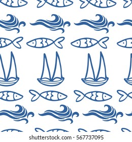 Seamless pattern with boats waves and sardines