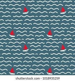 Seamless pattern with boats, white waves and blue background. Modern design for fabric and paper, web page background, surface textures.