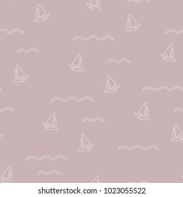 Seamless pattern with boats, white waves and purple background. Modern design for fabric and paper, web page background, surface textures.