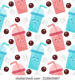 seamless pattern boba drink with cheerful face on blue and pink on white background