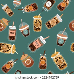 Seamless pattern boba tea, bubble tea. Vector illustration.