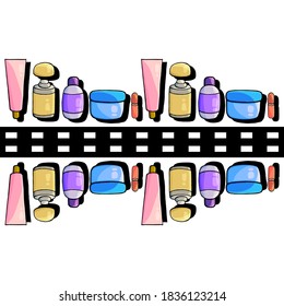 Seamless pattern from body care bottles on a white background, cartoon style, rectangle, wallpaper, gift paper, print, fabric, package, cloth, wrapper, backdrop, textile, cosmetic, shop, fashion, girl