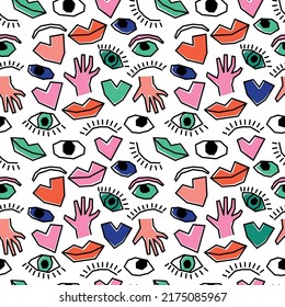 Seamless pattern body parts pattern heart eye lips oneline style on white line color
