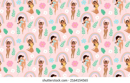 Seamless pattern of body positive happy women, rainbows, flowers, monstera leaves and twigs on pink background.