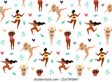 Seamless pattern of body positive happy women, hearts and flowers. Body positive movement, active lifestyle and beauty diversity.

