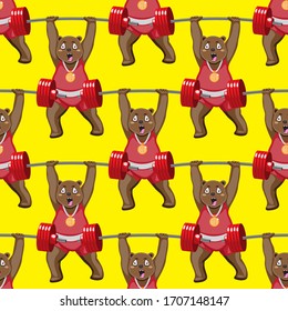seamless pattern of a bodybuilder bear with a barbell on a yellow background. Vector image eps 10