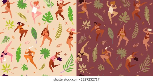 Seamless pattern Bodypositive dancing girls and tropical leaves.