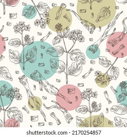 Seamless pattern with boerhavia diffusa: boerhavia diffusa plant, leaves, punarnava flowers and boerhavia diffusa root. Punarnava. Cosmetic, perfumery and medical plant. Vector hand drawn