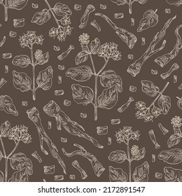 Seamless pattern with boerhavia diffusa: boerhavia diffusa plant, leaves, punarnava flowers and boerhavia diffusa root. Punarnava. Cosmetic, perfumery and medical plant. Vector hand drawn