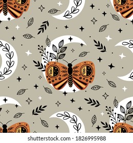 seamless pattern with bohemian butterfly on the moon