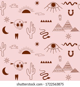 Seamless pattern with bohemian elements, evil eye, skull, snake, cactus, tribal objects, sun. Editable vector illustration.
