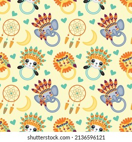 Seamless pattern in bohemian ethnic style with toys and dream catchers. Vector ornament 