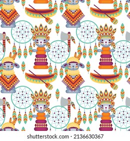 Seamless pattern in bohemian ethnic style with toys and dream catchers. Vector ornament .