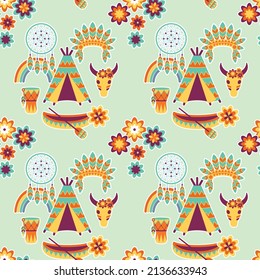 Seamless pattern in bohemian ethnic style with dream catchers. Vector ornament in American Indian style.