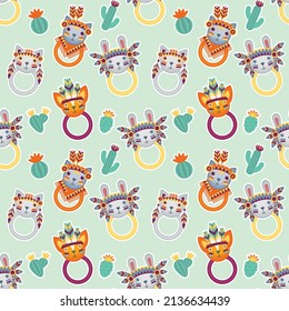 Seamless pattern in bohemian ethnic style with toys. Vector ornament in American Indian style.